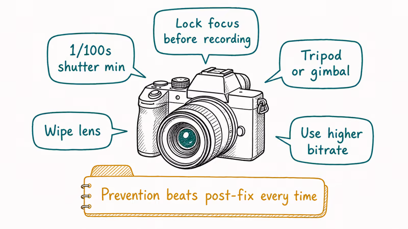 Hand drawn camera surrounded by five prevention rules for avoiding blurry video covering shutter focus stabilization