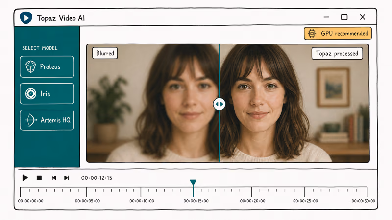 Topaz Video AI app window with split frame showing blurred input on left and processed sharper output on