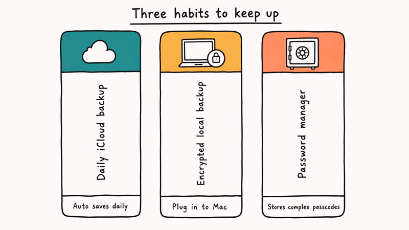 Three pillar backup habits diagram showing daily iCloud encrypted local backup and password manager protections.