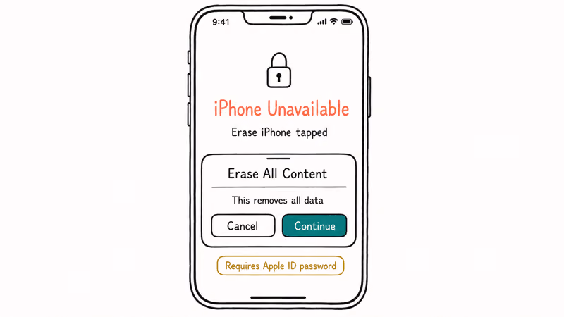 iPhone Unavailable screen with Erase All Content confirm overlay Continue Cancel buttons and Apple ID password caption.