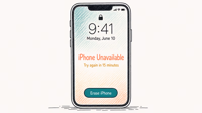 iPhone lock screen showing iPhone Unavailable message with try again timer and Erase iPhone button at bottom.