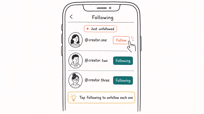 iPhone TikTok Following list with finger tapping unfollow on top row toggling to Follow indicating unfollow action.