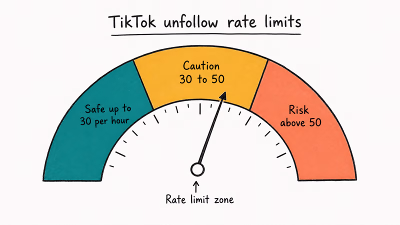 Three zone gauge dial showing TikTok unfollow safe caution and risk zones with needle in amber caution range.