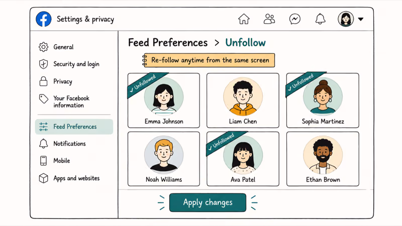 Facebook Feed Preferences screen showing a grid of friend avatars with three marked unfollowed and apply changes button