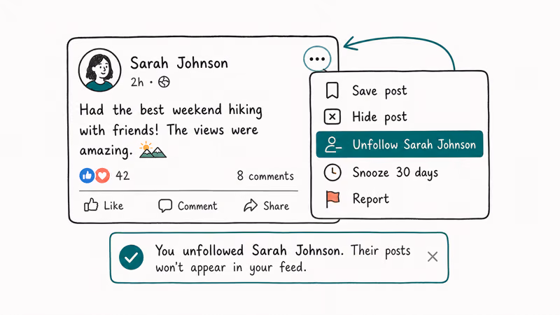 Facebook post card with three dot menu open showing unfollow option highlighted and confirmation toast below