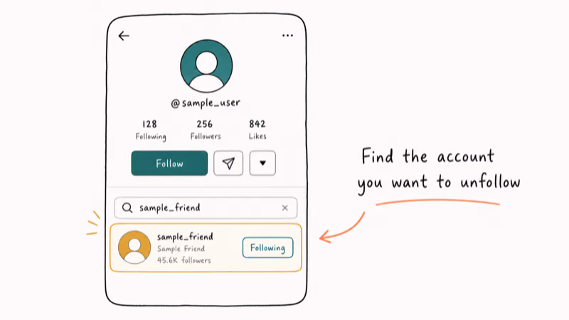 Hand-drawn illustration: Find the account you want to unfollow