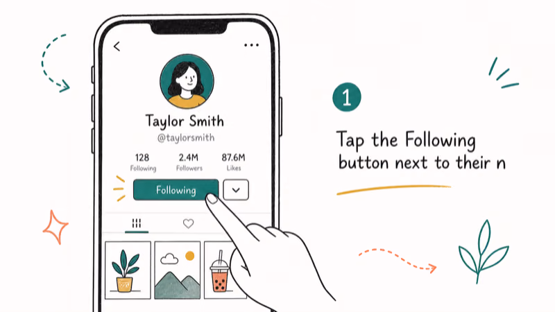 Hand-drawn illustration: Tap the Following button next to their name
