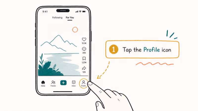 Hand-drawn illustration: Tap the Profile icon