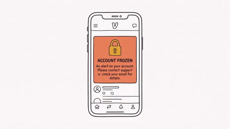 Smartphone showing Venmo app frozen account alert with lock icon and coral warning message