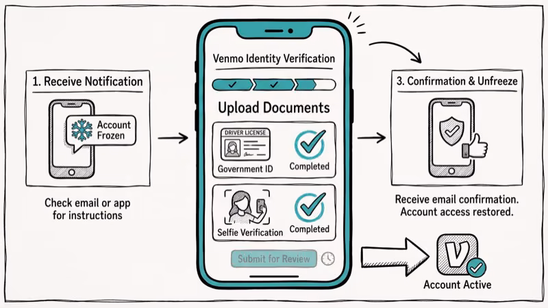 Smartphone displaying Venmo identity verification screen with ID card upload and teal checkmarks for completed steps