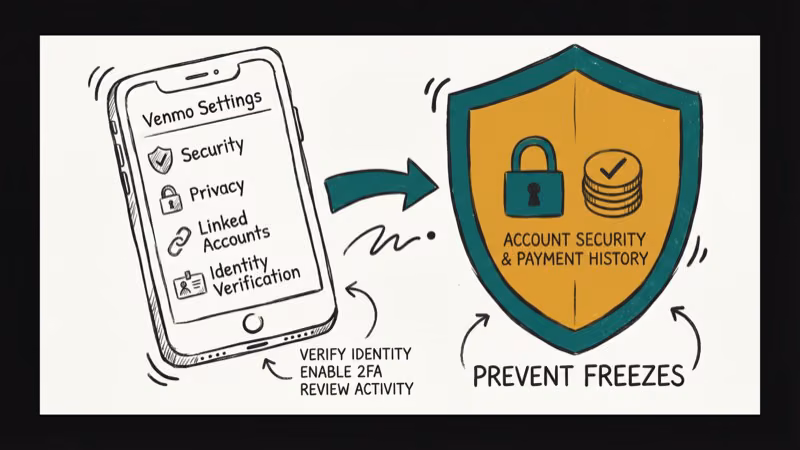 Smartphone showing Venmo security settings with amber shield icon representing account protection best practices