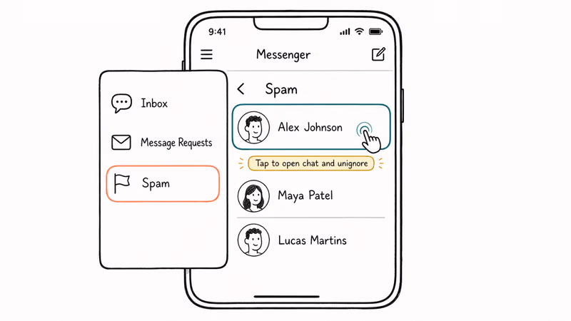 Messenger app drawer showing Message Requests Spam tab with three contact rows and focal contact tapped to open