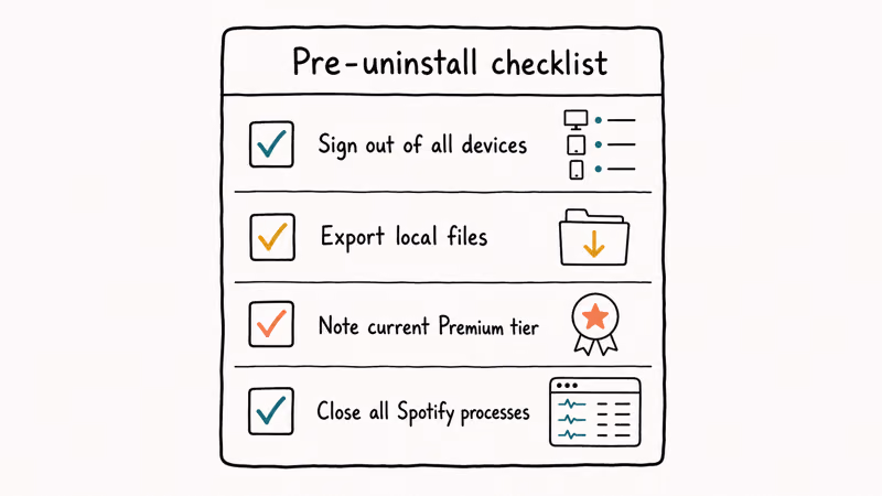 Pre uninstall checklist card listing sign out export local files note Premium tier and close all processes before