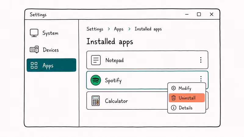 Windows Settings Apps Installed apps page with Spotify row selected and three dot menu showing Uninstall option highlighted.