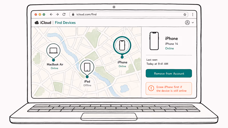 Laptop browser at iCloud Find Devices map showing three device pins with one iPhone selected and remove button