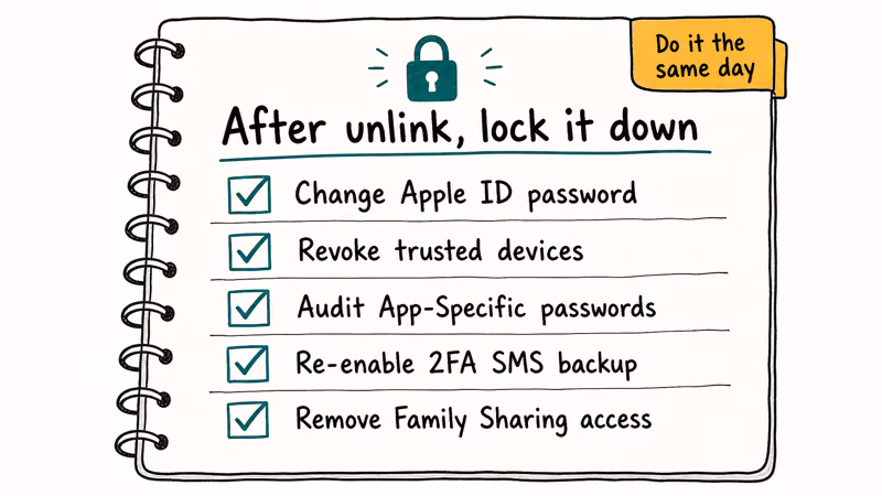 Notebook checklist with five post unlink security items for Apple ID password 2FA trusted devices and family sharing