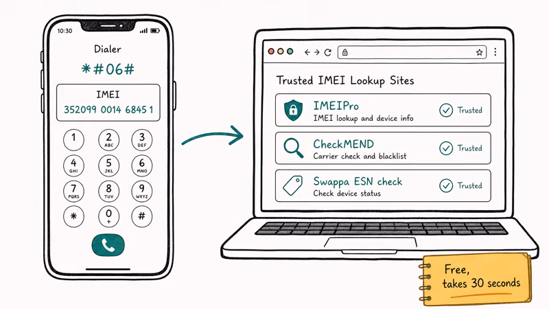 Phone showing IMEI dialer code pointing to laptop browser with three trusted IMEI blacklist lookup sites listed