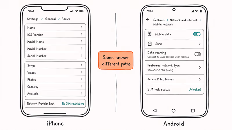 iPhone and Android side by side showing Settings paths to verify carrier SIM lock status reading no restrictions