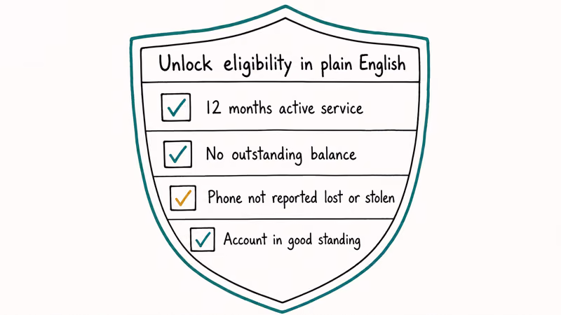 Eligibility checklist card listing twelve months service no balance phone not stolen and account good standing rules.