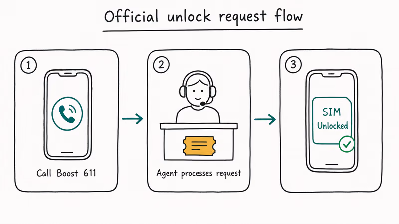 Three step flow customer calling Boost support agent processing unlock request and phone showing SIM unlocked confirmation.