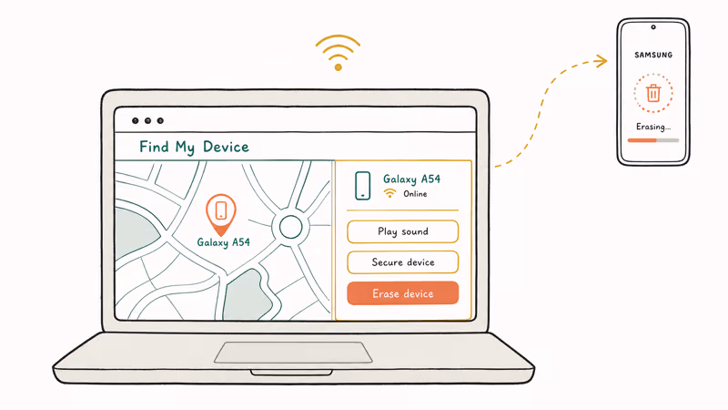 Google Find My Device showing Erase Device for a Galaxy phone