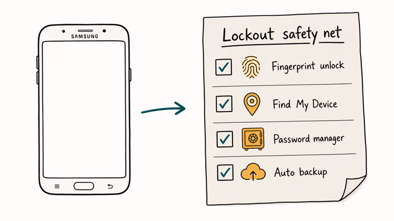 Samsung lockout prevention checklist with biometrics, Find My Device, and backups