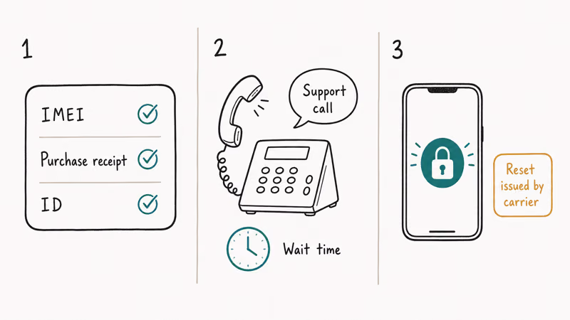 Three-panel storyboard showing proof of ownership, calling support, and the carrier issuing a reset for the device.