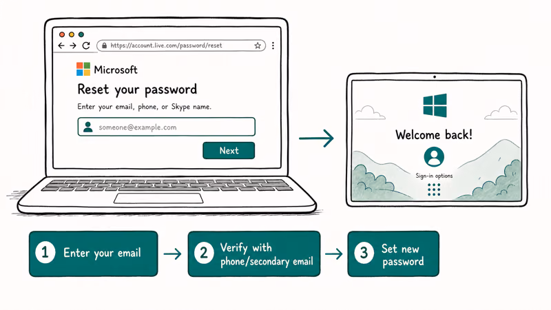 Browser showing Microsoft account password reset form with three step flow ending at Windows welcome screen