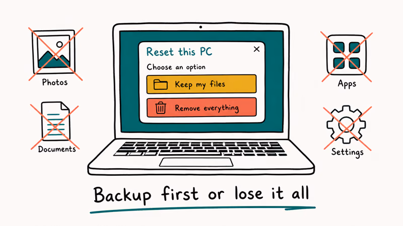 Laptop showing Windows Reset this PC dialog with keep files and remove everything options and data loss icons