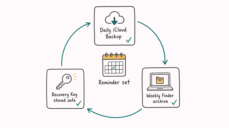 Habit loop showing daily iCloud backup, weekly Finder archive, and Recovery Key stored safely.