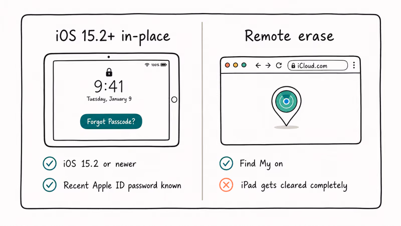 Comparison of two ways to unlock an iPad Mini without a computer: in-place Forgot Passcode and remote erase
