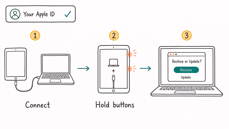 Three-step strip showing iPad Mini in Recovery Mode connected to a computer ready for restore.