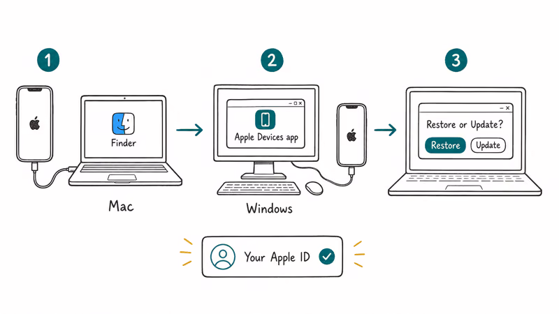 Three-step restore using Finder on Mac or Apple Devices app on Windows for iPhone 12 in recovery mode.