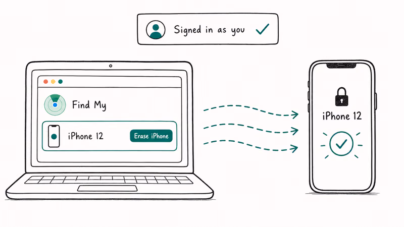 iCloud.com Find My remotely erases an iPhone 12 from a laptop signed into the owner's Apple ID.