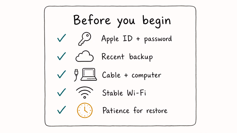 Pre-flight checklist showing what an iPhone 12 owner needs before unlocking — Apple ID, backup, cable, Wi-Fi, time.