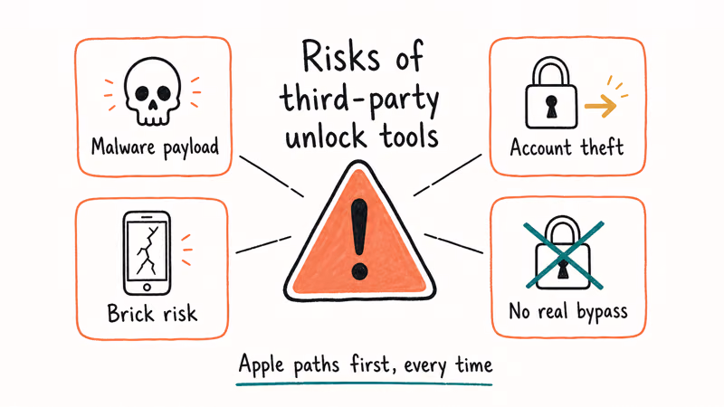 Hand-drawn warning cluster showing four real risks of third-party iPhone unlock tools.