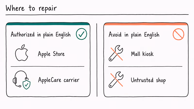 Comparison panel for repair channels Authorized Apple Store versus Avoid mall kiosks and untrusted shops for iPhone screen.