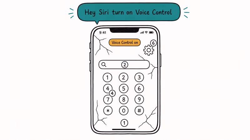 iPhone with cracked screen showing Hey Siri turn on Voice Control speech bubble and numbered voice command overlay