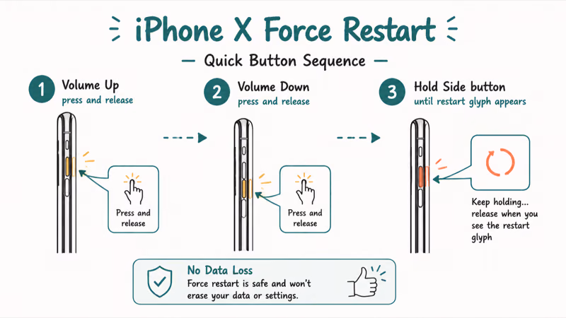 iPhone X force restart button sequence volume up volume down then hold side button
