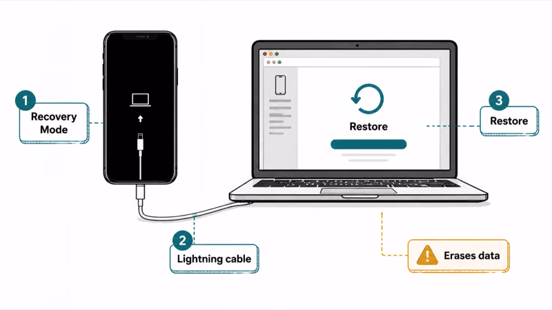 iPhone X Recovery Mode cable restore path through Finder or iTunes with wipe warning