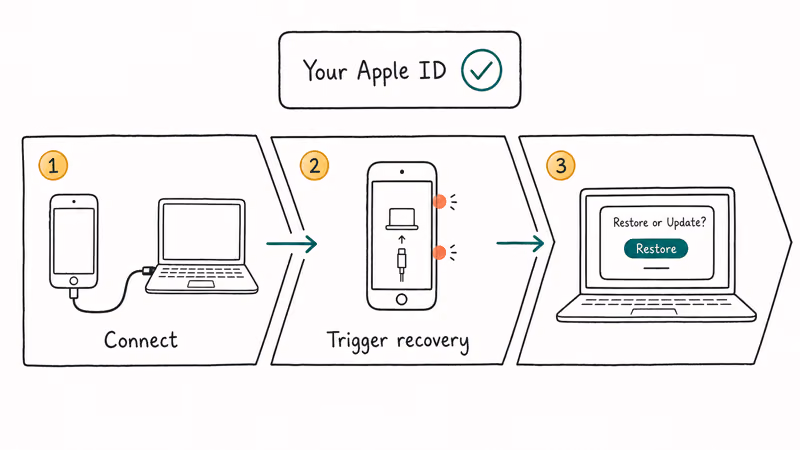 Recovery Mode three-step strip showing iPod connected to computer ready for restore.