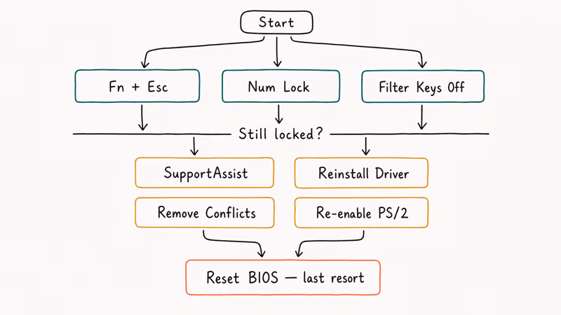 Hand-drawn flowchart of the recommended order to try Dell keyboard fixes