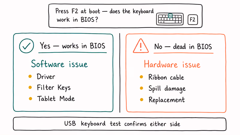 Hand-drawn comparison showing how a BIOS test reveals hardware versus software keyboard problems