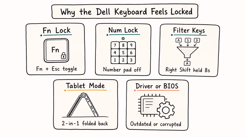 Hand-drawn diagram showing five common causes that lock a Dell laptop keyboard
