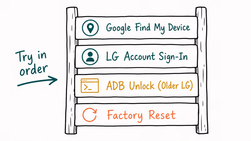 Official route ladder ordering LG unlock attempts from Find My Device to LG account ADB and factory reset
