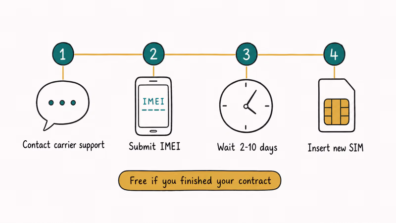 Carrier unlock timeline four steps support submit IMEI wait approval and insert new SIM