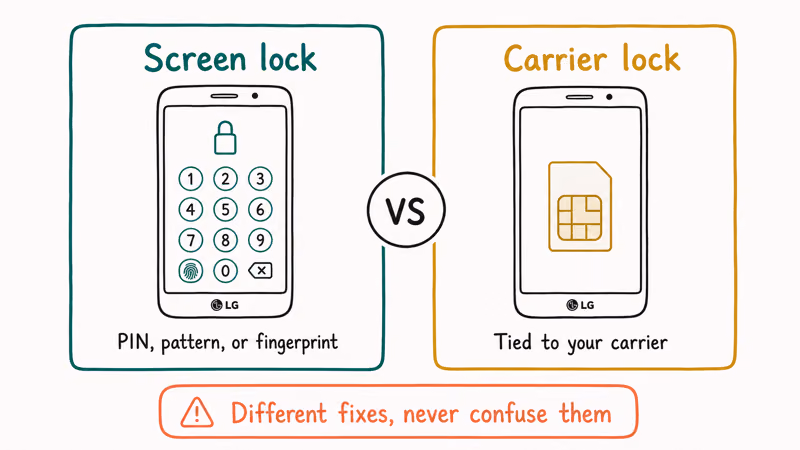 LG phone screen lock versus carrier lock comparison with PIN keypad and SIM card icons