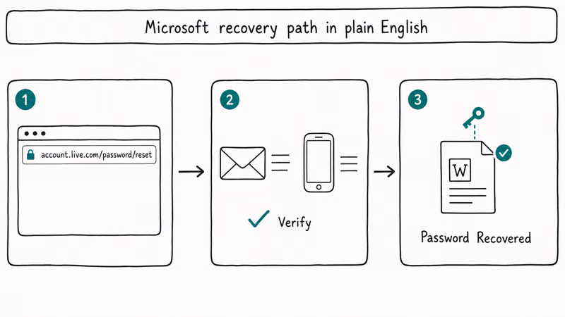 Three step Microsoft account recovery flow showing reset URL email verification and recovered key on document.