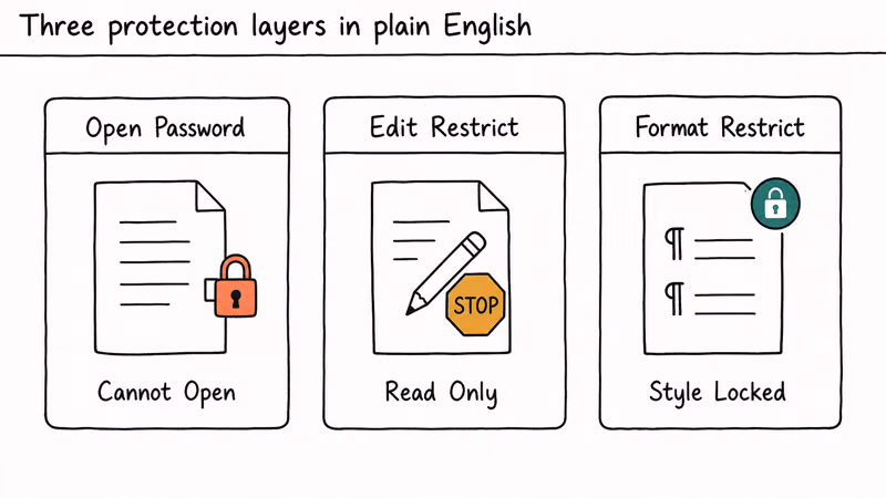 Three card row showing Word document protection levels open password edit restrict and format restrict.