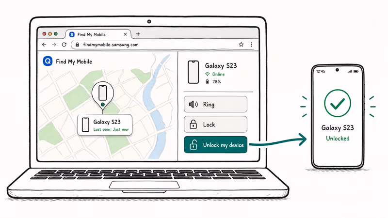 Browser at Samsung Find My Mobile map with Galaxy pinned and side panel highlighting unlock my device action